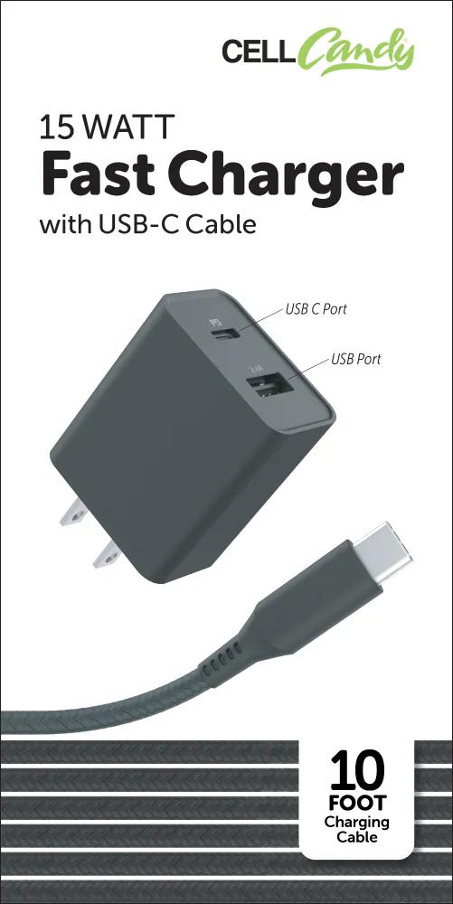 CellCandy® Fast Wall Charger with USB-C Cable - Black