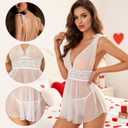 Fengek 2Pcs Sexy Lingerie for Women, Polka Dots Sheer Lace Lingerie with Pajama Set for Women Nightwear (White, L)