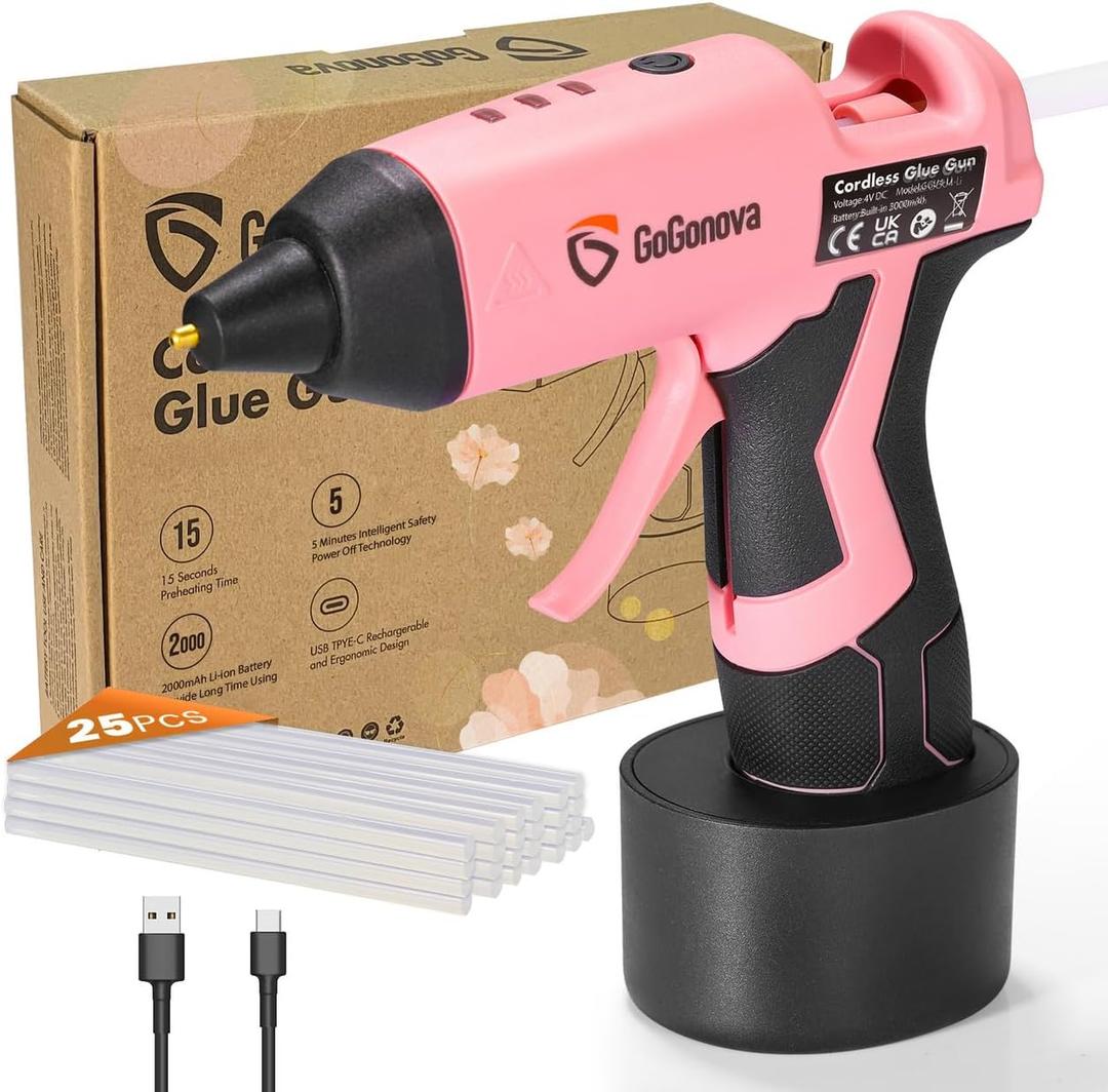 GoGonova Cordless Glue , 15s Fast Preheating 2Ah Cordless Hot Glue with 25 Pcs Premium Mini Glue Sticks, USB-C Battery Rechargeable Hot Glue, Smart Power-Off, Pink