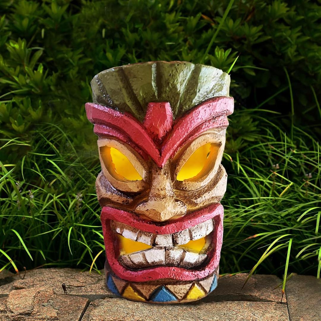 Tiki Head Solar Statue Light for Garden Decor and Bar Decoration (Red)