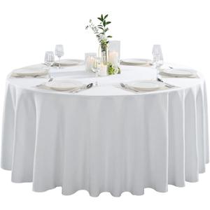 Restaurantware Table Tek 120 Inch Table Covers 10 Round Wedding Tablecloths - Washable Wrinkle-Free White Polyester Banquet Tablecloths Hemmed for Parties Holidays or Buffets