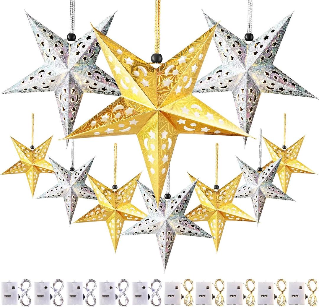 Zhanmai 10 Pcs Large 3D Paper Star Lantern with 10 LED Lights 11.8 Inch 5 Point Hollow Hanging Paper Star Lampshade Decoration Light Lanterns for Wedding Birthday New Year Party Home Decor (Gold, Silver)