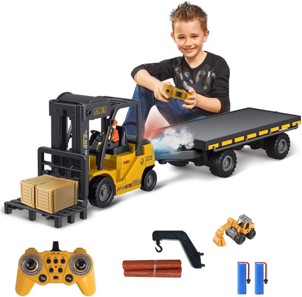 Remote Control Forklift with Flatbed Truck, 11 Channel RC Forklifts with Spray, Cool Lights & Sound, 2 in 1 Lift Fork & Hook, Crane Construction Toys for Boys, Birthday Gift for Kids 3+