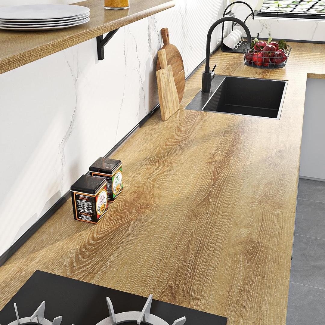 Livelynine 36" x197" Wood Countertop Peel and Stick Countertops Waterproof Oak Natural Wood Grain Contact Paper for Desk Cover Vinyl Wallpaper Kitchen Cabinet Covers Sticky Furniture Counter Top Wrap (Light Oak)