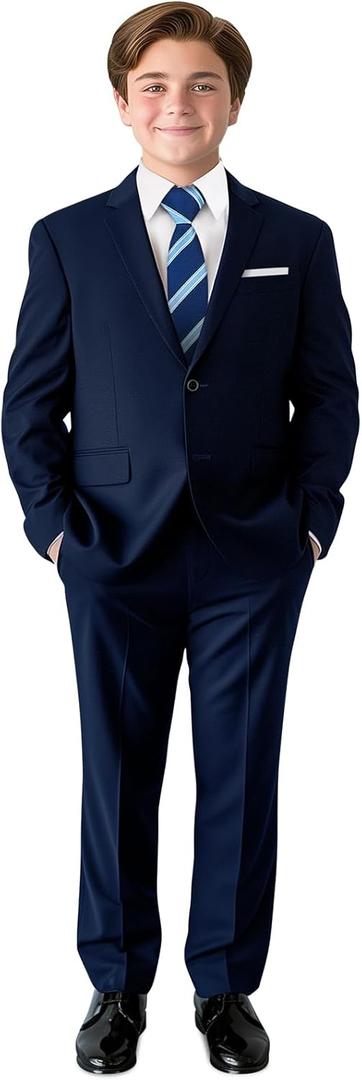 PACOROMANO Boys Suit Set with Suspenders, Suit with 3 Versions-Regular, Slim, and Husky (Husky Dark Blue 7 Pcs)