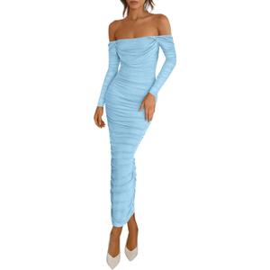 PRETTYGARDEN Womens 2026 Fall Long Sleeve Maxi Dress Off Shoulder Mesh Ruched Bodycon Trendy Long Wedding Guest Dresses (L)