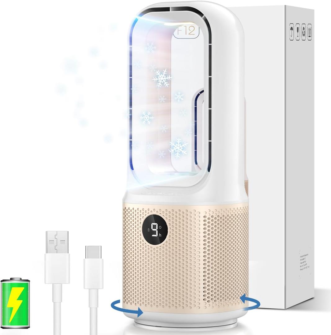 Desk Fan - Small Quiet Bladeless Table Fan, 14 Inch USB Rechargeable with 5000mAh Battery, 60 Oscillating, 9 Speed Adjustable, 3 Light Modes, Touch Control Mini Fan for Office Bedroom Living Room (apricot)