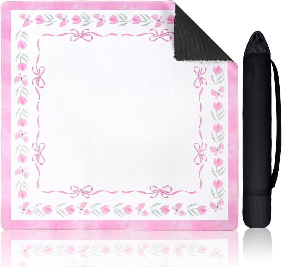 Pink Bow Mahjong Mat 31.5 x 31.5 Inch Coquette Mahjong Table Pad with Carrying Bag Cute Aesthetic Anti Slip Noise Reduction Games Table Cover for Poker Card Board Games Dominoes
