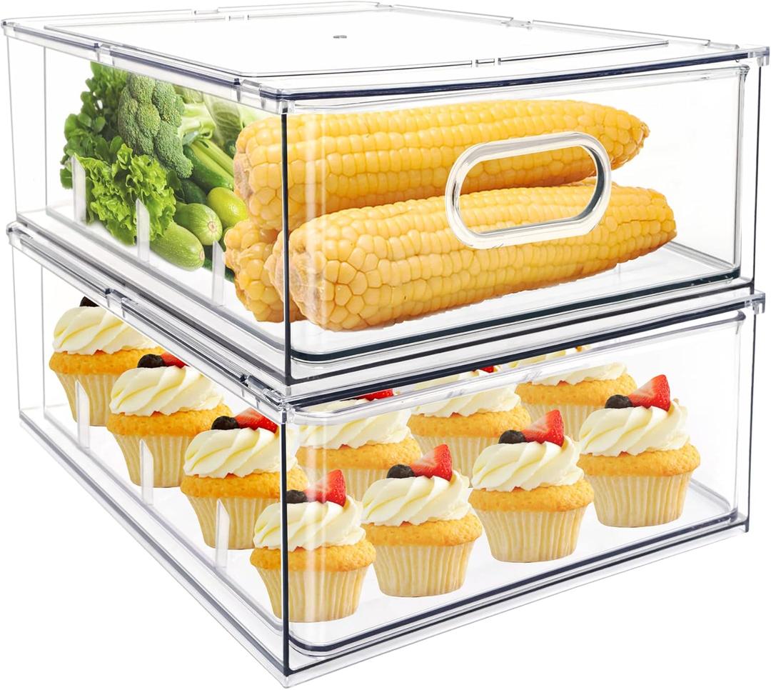 MANO 2Pack 6L Clear Fridge Drawers Pull Out Stackable Refrigerator Drawer Organizer Bins Pantry Storage Box Plastic Food Containers for Kitchen Bathroom Office Closet (X-Large)