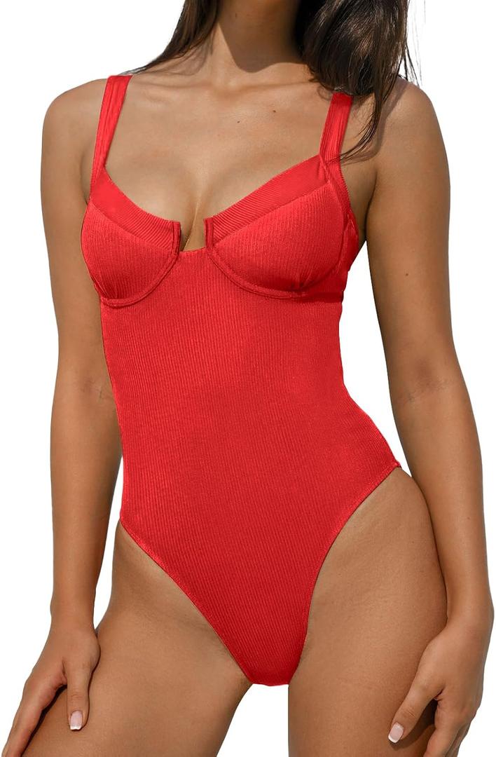 BERLOOK One Piece Swimsuit Women Tummy Control Ribbed Retro Bathing Suits Contrast Trim Knotted Sexy Slimming Swimwear (Red, M)