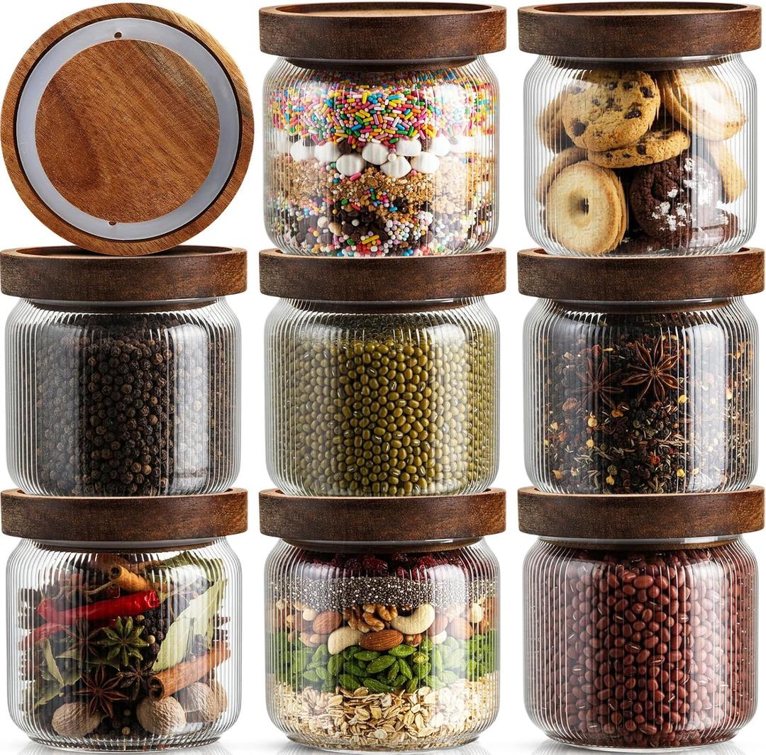 Suclain 8 Pcs Ribbed Glass Jars with Wooden Lid Airtight Fluted Storage Container Striped Food Organization Canisters for Pasta, Coffee, Candy for Home & Kitchen (12 oz)