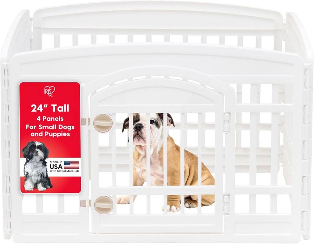 IRIS USA 24" 4-Panel Dog Playpen with Door, 35 x 35 x 24, Puppy Playpen, Dog Play Pen Indoors, Pet Fence, Puppies/Small Dogs, White