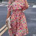 Off Shoulder Boho Floral Swing Mini Dress Summer Strapless Pleated Short Dress (M)
