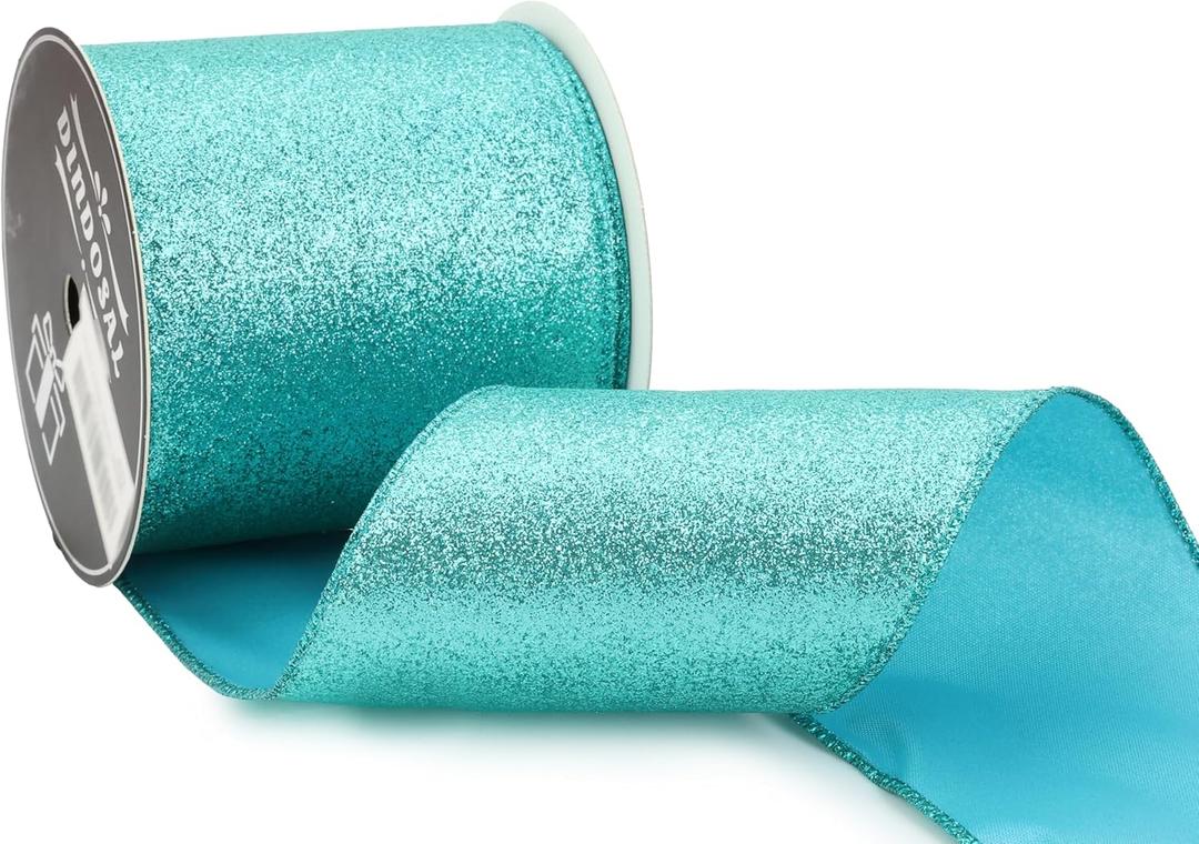 DINDOSAL Teal Glitter Wired Ribbon 4" x 10 Yards Sparkling Teal Christmas Tree Ribbon for Bows Making, Wreaths and Garlands, Home Decor, Gift Wrapping, Swag, Front Porch, Mailbox