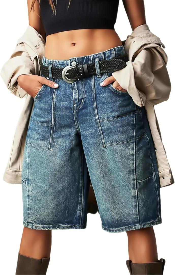 LifeShe Women's Denim Long Shorts Casual Baggy Bermuda Low Waist Summer Barrel Short Jean Pant Blue (Large)