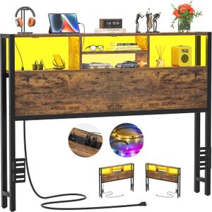 Aheaplus Headboard for Full Size Bed with Storage, Headboards with Outlets, USB Ports and LED Light, Full Size Head Board, Height Adjustable, Reversible, Sturdy and Stable Headboard, Rustic Brown