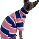 Vintage Stripes Sphynx Hairless Cats Shirt Cotton Cat Turtleneck Pet Clothes Kitten T-Shirts with Sleeves for Sphynx Cats (Wide Pink Blue Stripe, Medium)