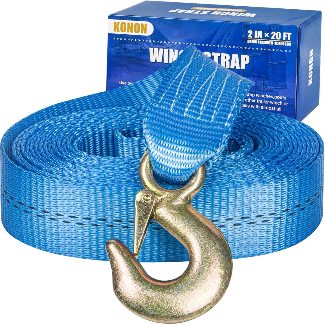 Boat Trailer Winch Strap with Safety Hook & Protective Work Gloves, 2" x 20ft - 12,000 lbs Break Strength, Marine Grade Replacement Kit for PWC, Pontoon & Fishing Boat Hand Winch, Blue