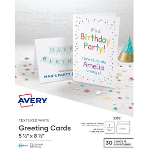 Avery Printable Greeting Cards, Half-Fold, 5.5" x 8.5", Textured White, 30 Blank Cards with Envelopes (3378)