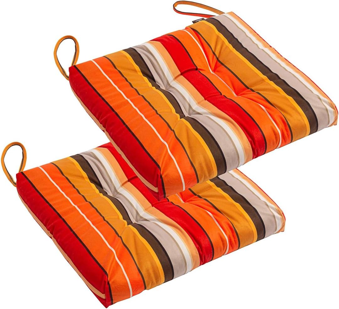 2-Pack Outdoor/Indoor Wicker Patio Seat Cushion Pad with Ties - Dining Chair Cushion, 17" x 17" (Orange and Red Stripes)