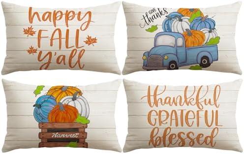 Pack of 2 Artscope Fall Decorative Throw Pillow Covers 12x20 Inch Set of 4, Happy Fall Pumpkin Truck Thankful Grateful Blessed Outdoor Farmhouse Pillow Cases for Home Sofa Couch-Orange Beige