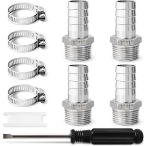 Barbed Hose Fittings, Josaton Stainless Steel 1" Hose Barb to 1" Male NPT Home Brew Fitting Water Fuel Air, Hose Barb Fittings Air Hose Repair Kit, Barbed Adapter with Hose Clamp, 10PCS
