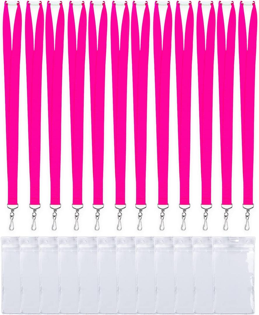 12 Pack Breakaway Bright Hot Pink Lanyard with Thick ID Badges Holder for Adult, School, Work (Neon Hot Pink,12Pack)