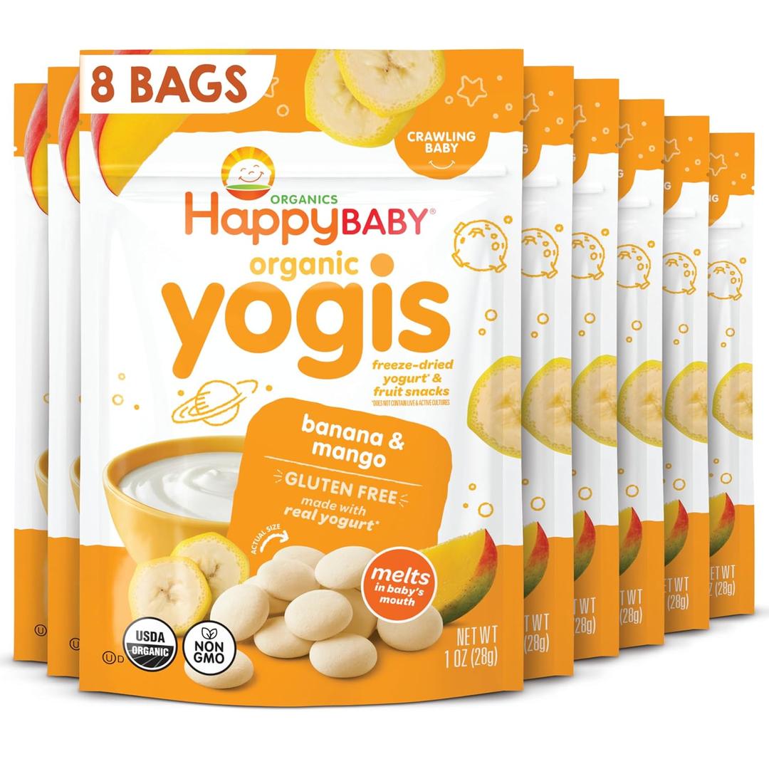 HAPPY BABY Yogis, Banana & Mango Yogurt Bites, 1oz Pouch (8 Pack) USDA Organic Baby Snack, No Added Sweeteners, Made with Real Fruit and Yogurt, Gluten-Free, Supports Pincer Grasp, Dissolving (EXP 01/01/26)