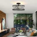 16" Black Crystal Ceiling Light, 3-Light Modern Semi Flush Mount Ceiling Light Fixture, Round Crystal Chandelier for Dining Room Bedroom Living Room Kitchen Hallway, E26 Sockets
