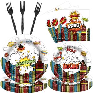 96 Pcs Super Theme Hero Plates For White Hero Party Supplies Plates Napkins Forks Hero Theme Birthday Party Decorations Birthday Disposable Dinnerware Tableware for Boys Girls Serves 24