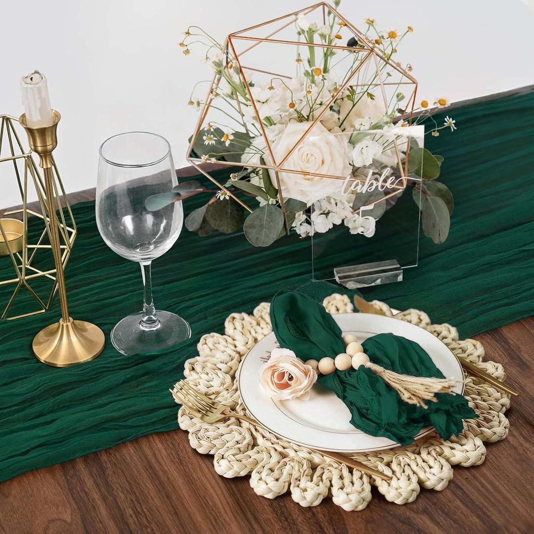 Emerald Green Cheesecloth Table Runner 10Ft + 6 Napkins + 6 Wood Bead Tassel Napkin Rings Gauze Runner Napkins Set for Wedding Baby Shower Birthday Dining Table Decor