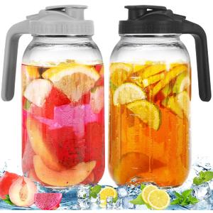 2 Pack Glass Pitchers with Lid, 64 oz Sun Tea Pitcher, Half Gallon Mason Jar Pitcher with Wide Mouth Airtight Lid for Ice Tea, Cold Brew Coffee, Fridge Water, Milk, Juices, Leak Proof Water Jug
