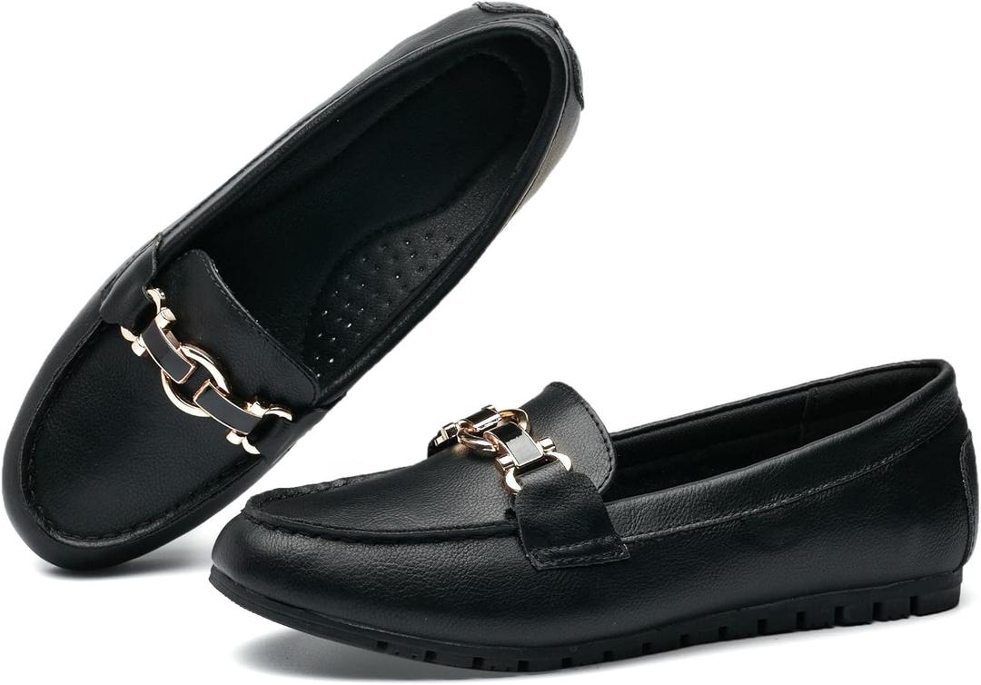 VERDASCO Women's Loafers Comfort Slip-Ons Flat Work Shoes Casual Moccasins Penny Loafers Lady Dress Shoes (7.5 Wide, Leather-black)