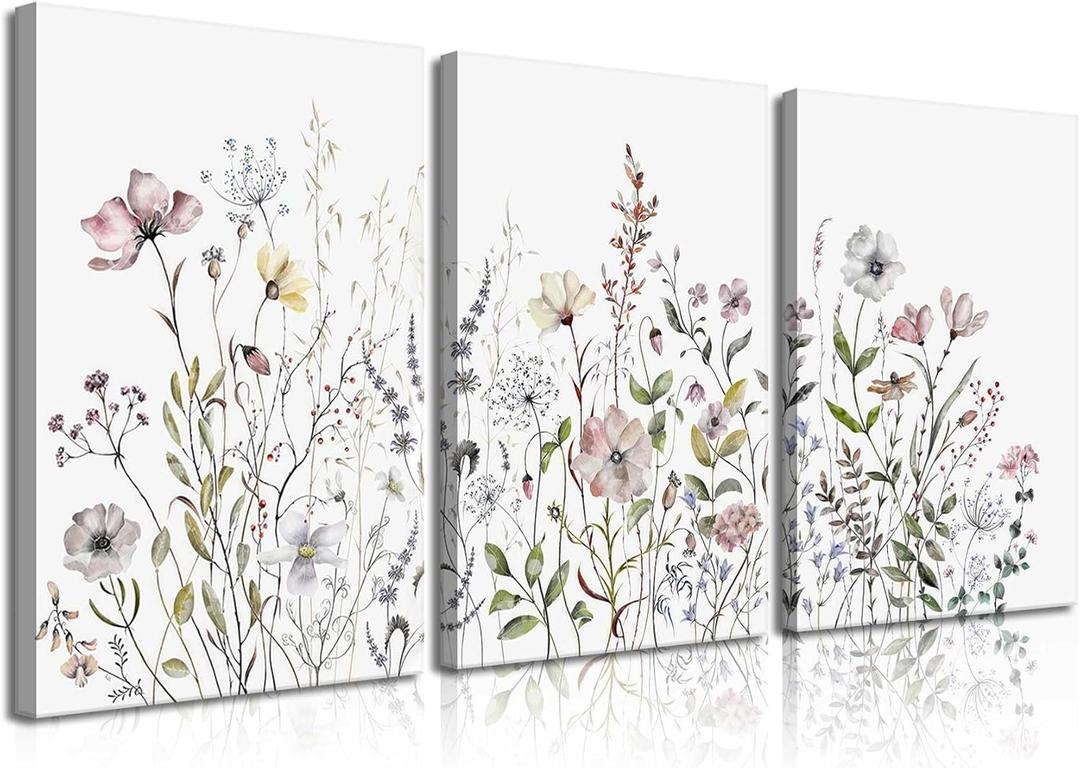3 Pcs Colorful Wildflower Canvas Wall Art Watercolor Botanical Floral Wall Decor Pictures Minimalist Flower Prints for Living Room Bedroom Home Decoration (12x16in)