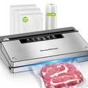 Bonsenkitchen Vacuum Sealer Machine, Stainless Steel Food Sealer Vacuum Sealers with 100 Bags & 1 Roll Bag, 5 Food Vacuum Modes, Built-in Cutter & Bag Storage, Silver-Black