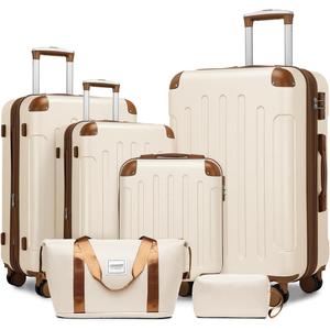 LARVENDER Luggage Sets 6 Piece, Expandable Luggage Set Clearance for Women, Suitcases with Wheels, Hardside Hard Shell Travel Luggage with TSA Lock (White Brown, 6pcs)