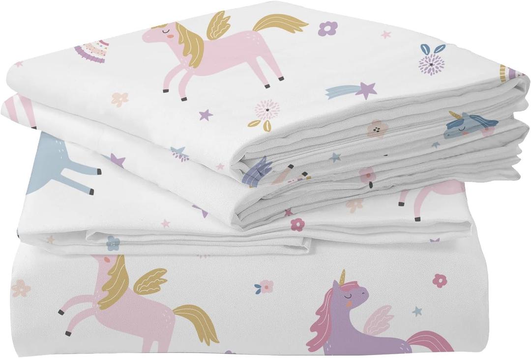 MUSOLEI Unicorn Fitted Sheet Set Full Girls Rainbow Star Sheet Pink Flower Bedding Set 1 Deep Pocket Fitted Sheet with 2 Pillowcases Multi-Colour Girls Kids Teenagers Gift Queen