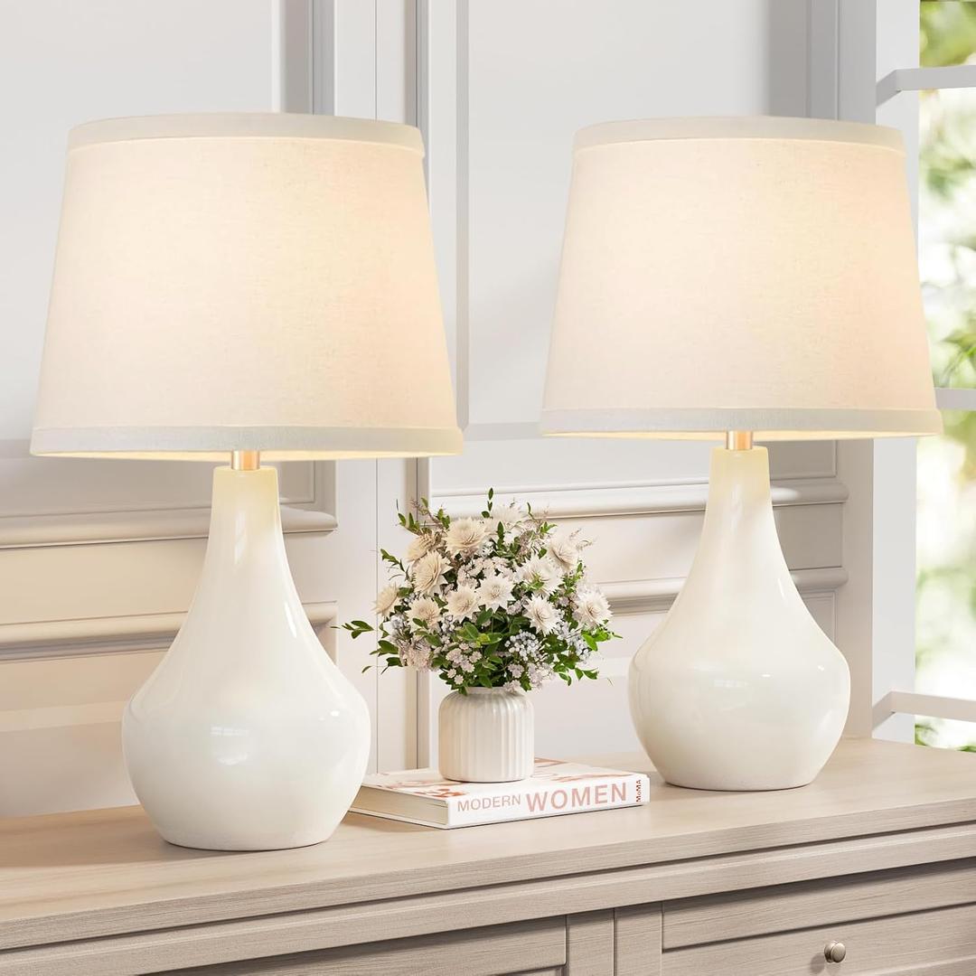Seealle Modern Ceramic Table Lamps for Night Stands  Bedside Lamps Set of 2 for Nightstand, 19.4" White Bedroom Lamp for Living Room Cute Desk End Table Office Guest Room Dresser Rocker Swtich