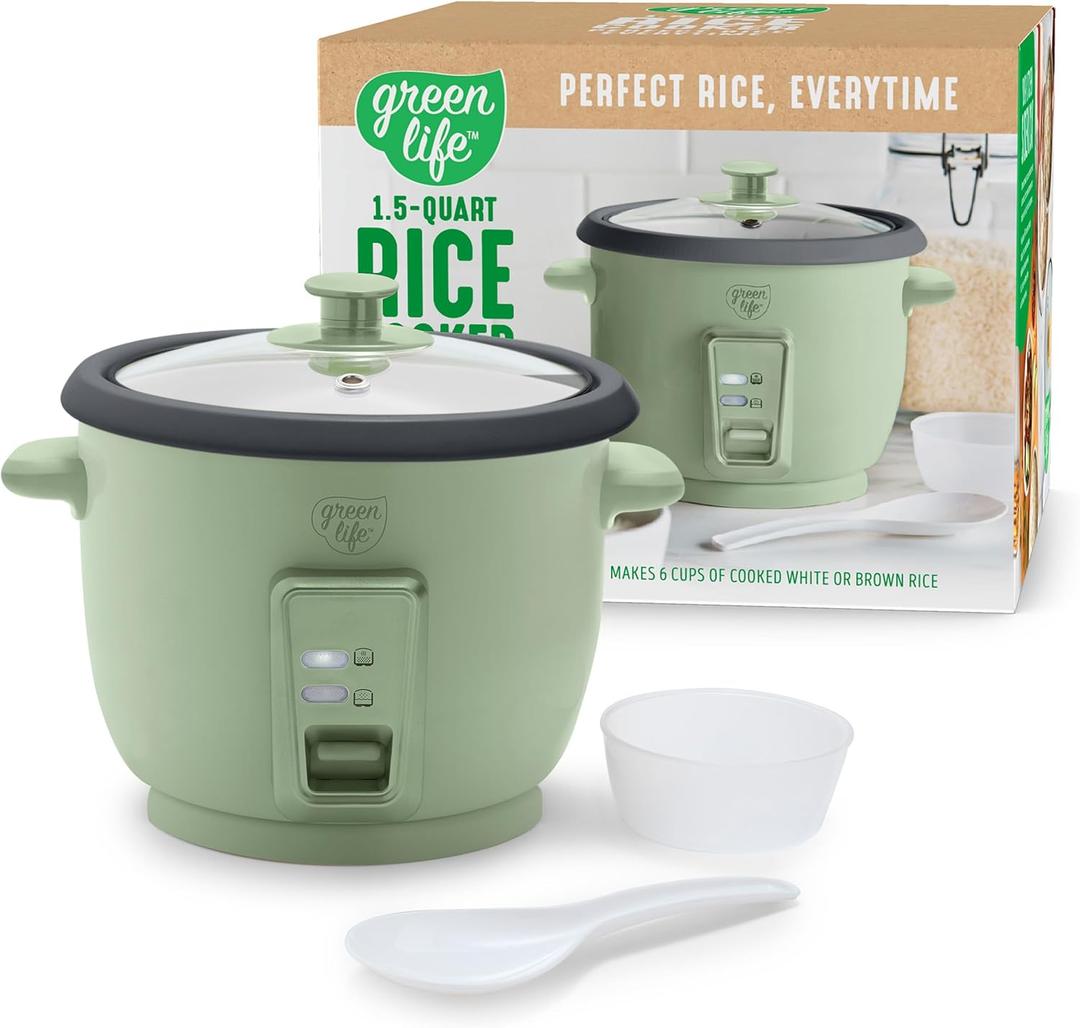 GreenLife Rice Cooker with Removable PFAS-Free Nonstick Pot, 3-Cups Uncooked/6-Cups Cooked, One-Switch Design, Auto Keep Warm Function, Soup, Grains, Oatmeal, Wood Handle, Sage Green