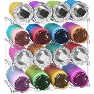 Lifewit Stackable Bottle Storage Organizer, Clear Freestanding Wine Holder for Cabinet, Large Slot Water Bottle Tumbler Organizer for Pantry, Plastic Wine Rack for Fridge Cellar, 4Tier Hold 16