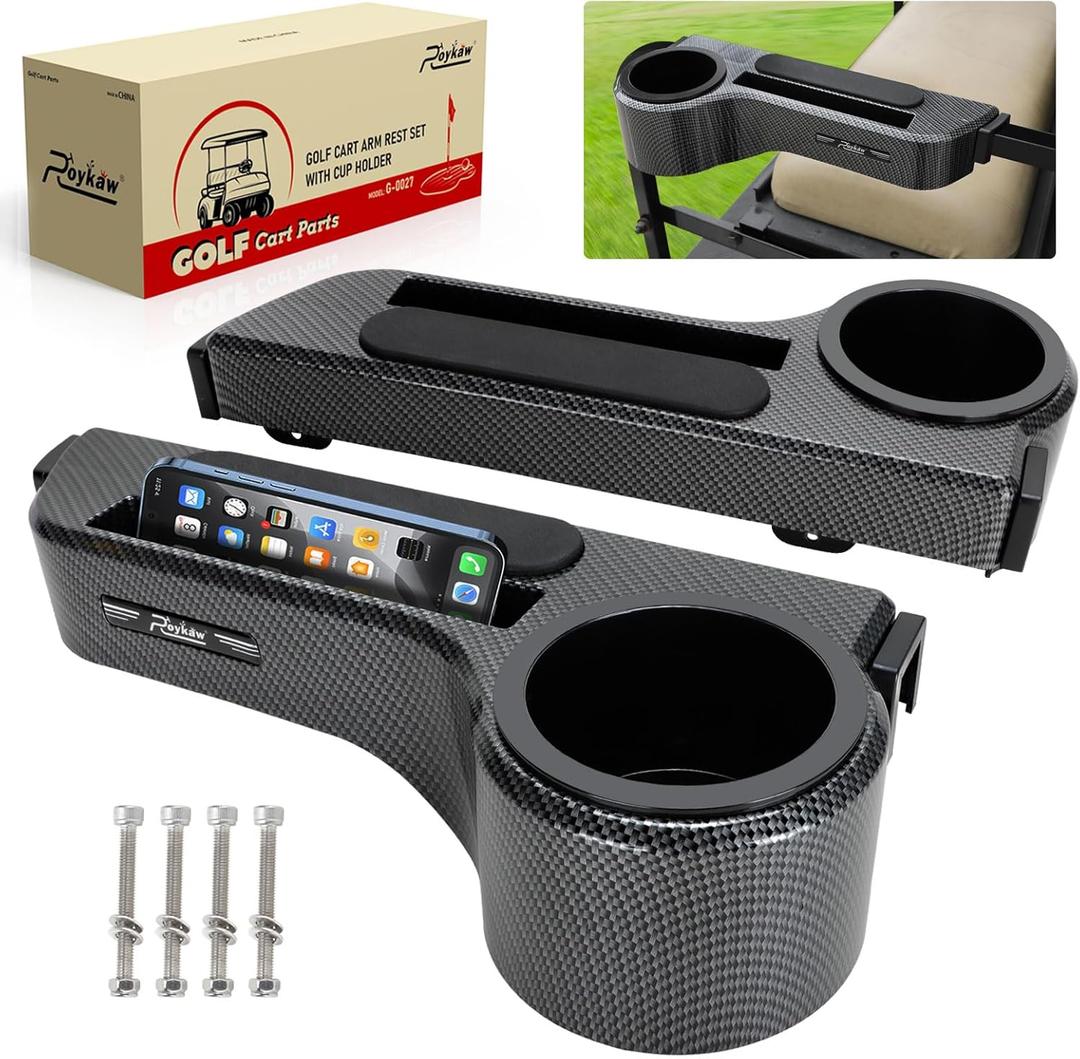 Roykaw Golf Cart Armrest with Cup Holder Compatible with EZGO/Club Car/Yamaha & Most Brand, Universal Golf Cart Rear Seat Arm Rests with Phone Holder, No Drilling, Fit 1.0''/1-1/4'' Square Frame