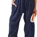 TARSE Womens Linen Wide Leg Pants Casual Loose Drawstring Summer Beach Travel Vacation Palazzo Harem Pants with Pockets (XS, Navy)