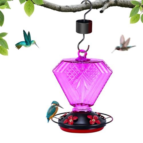 Glass Hummingbird Feeder for Outdoors Hanging, 20 OZ Humming Birds Feeders with 5 Bee Guard Feeding Ports and Built-in Ant Moat, Bird Feeder for Outside Diamond Shape, Purple