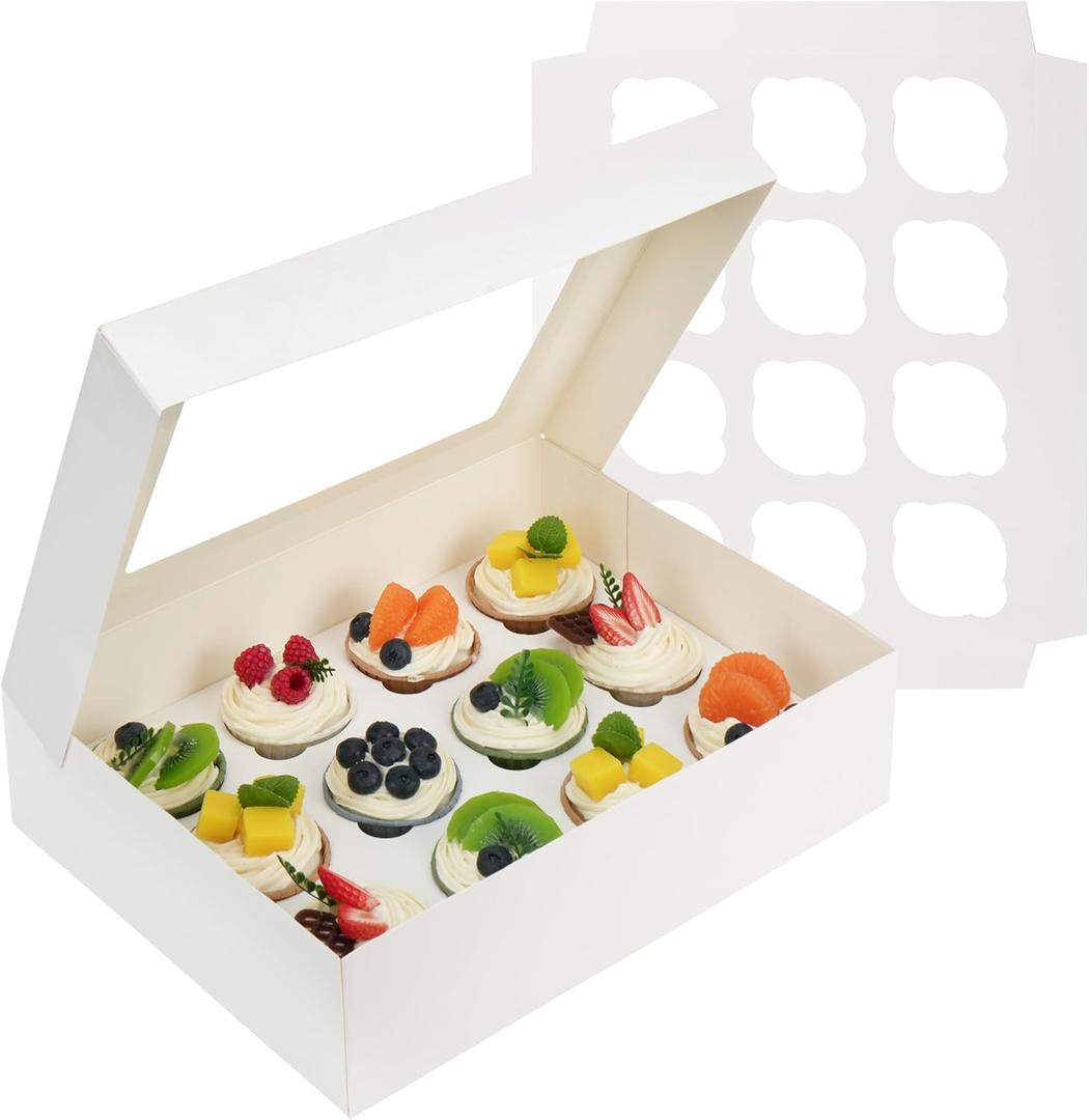 LotFancy Cupcake Boxes 12 Count, 8 Pack, Pre-Folded Cupcake Carrier with Window Holding 96 Cupcakes, Food Grade Cupcake Holders, Disposable Pastry Boxes for Birthday Holiday Party, White (13x10x3.5)