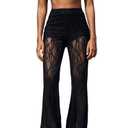 RoseSeek Women's Floral Lace Sheer Mesh Flare Pants Elastic High Waisted Long Trousers Black Large