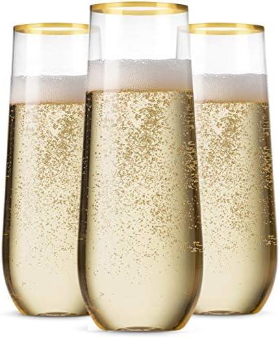 Munfix 36 Pack Stemless Plastic Champagne Flutes Disposable 9 Oz Gold Rim Clear Plastic Toasting Glasses Shatterproof Recyclable and BPA-Free
