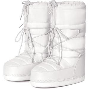 Womens Winter Snow Boots Mid Calf Anti-Slip Boots with Warm Lining Lace-up Outdoor Shoes (7.5, White)