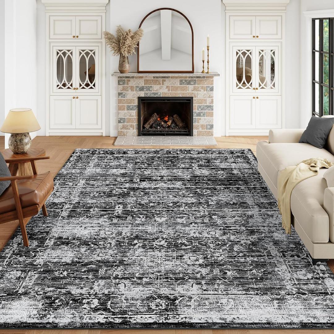 8x10 Washable Area Rugs for Living Room, Neutral Boho Rugs for Bedroom, Vintage Large Soft Faux Wool Carpet for Nursery, Playroom, Office, Dinning Room, Non Slip, Low Pile, Black, Dark Grey