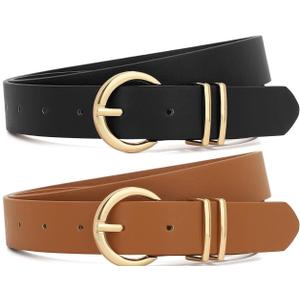 XZQTIVE 2 Pack Women Belts For Jeans Dresses Pants Ladies Leather Waist Belt with Gold Buckle (Fit Pant 48-52in, Round Buckle Black+brown+beige) XZQTIVE 2 Pack Women Belts For Jeans Dresses Pants Ladies Leather Waist Belt with Gold Buckle (Fit Pant 48-52in, Round Buckle Black+brown+beige)