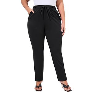 YesFashion Plus Size Tapered Long Pants Women Tie Front Elastic Waist Stretchy Side Pockets Casual Work Black 4XL
